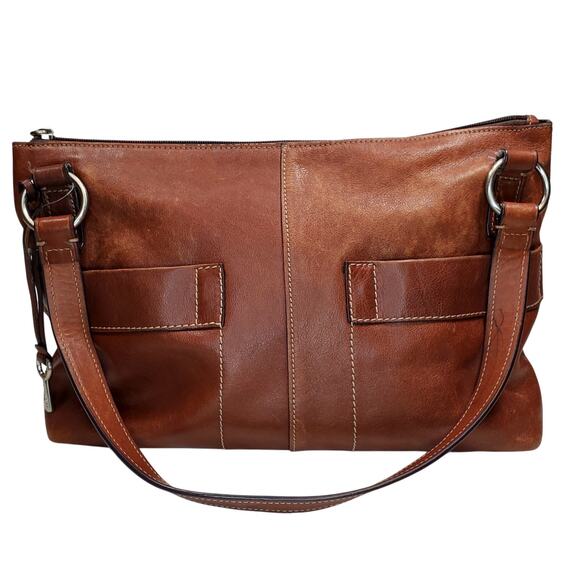 Fossil Brown Leather Tote Bag Zip Closure 75082 Pockets Double Strap 8" x 14" - Picture 1 of 11